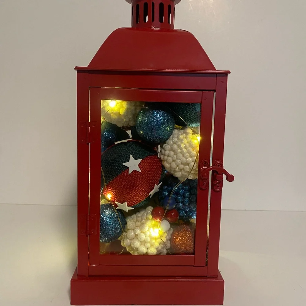 Red Metal Lantern with Patriotic Accents Battery Powered Lights